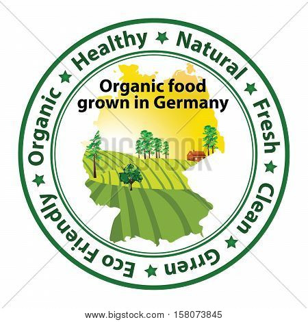 Organic food grown in Germany - stamp for print. Contains the map of the Germany with agricultural field on the background.