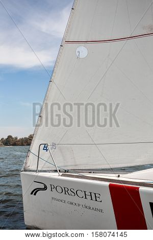 Kiev, Ukraine - September 30, 2016: Sailing yacht training day. Day before race on the Kiev reservoir or pond