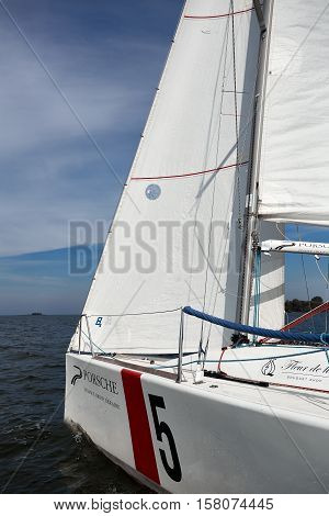 Kiev, Ukraine - September 30, 2016: Sailing yacht training day. Day before race on the Kiev reservoir or pond