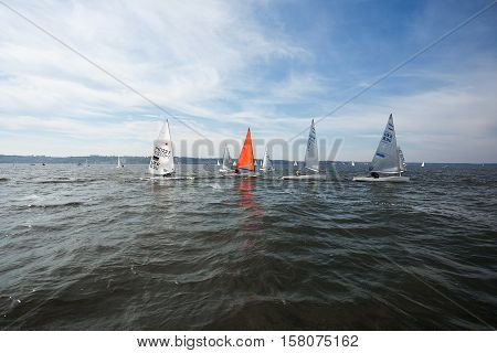 Kiev, Ukraine - September 30, 2016: Sailing yacht training day. Day before race on the Kiev reservoir or pond