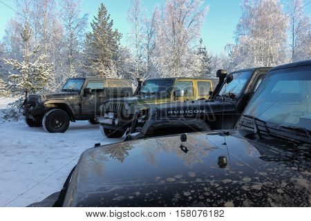 Leningrad Oblast, Russia, February 16, 2013. Off-road expedition Jeep Wrangler, the Jeep Wrangler is a compact four wheel drive off road and sport utility vehicle