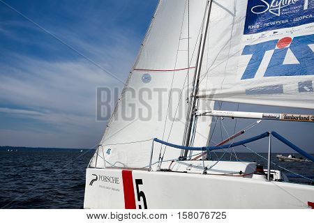 Kiev, Ukraine - September 30, 2016: Sailing yacht training day. Day before race on the Kiev reservoir or pond