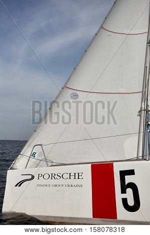 Kiev, Ukraine - September 30, 2016: Sailing yacht training day. Day before race on the Kiev reservoir or pond