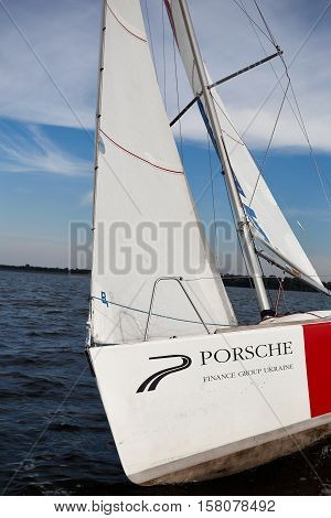 Kiev, Ukraine - September 30, 2016: Sailing yacht training day. Day before race on the Kiev reservoir or pond