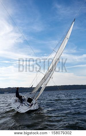 Kiev, Ukraine - September 30, 2016: Sailing yacht training day. Day before race on the Kiev reservoir or pond
