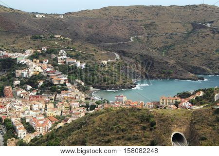 Aerial view village of Portbou in Girona Costa Brava Spain
