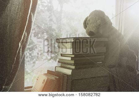 Soft vintage background for children. Childhood memory: Teddy dog sitting on books. Books stacked on the windowsill