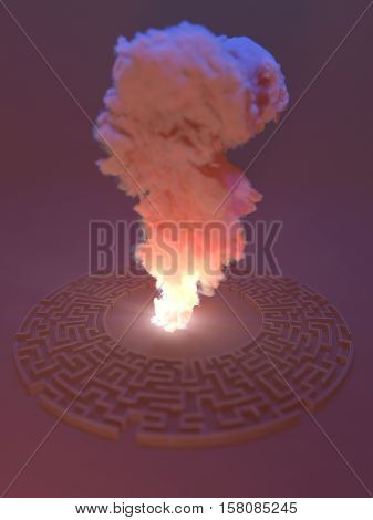 Dark smoke column in the center of the labyrinth. 3d rendering