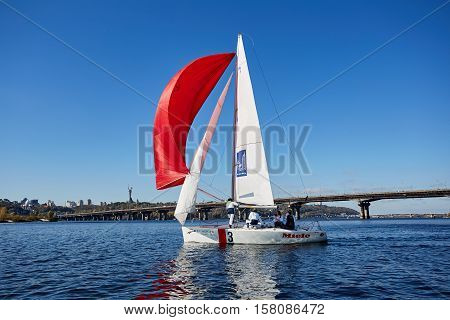 Kiev, Ukraine - September 30, 2016: Sailing yacht training day. Day before race on the Kiev reservoir or pond