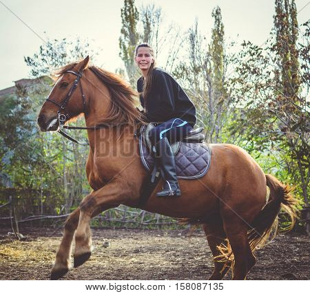 Young beautiful brunette girl rides a horse on a warm and sunny autumn day. Portrait of a pretty young woman on the horse, wearing tall boots and gloves.