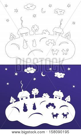 Winter paper cut. Snow-covered trees with houses, snowmen and dogs. Wycinanka.