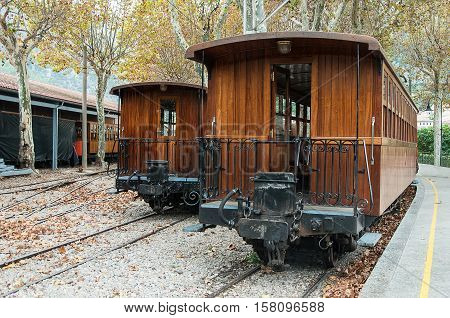 Classic wood tram train of Puerto de Soller in Mallorca