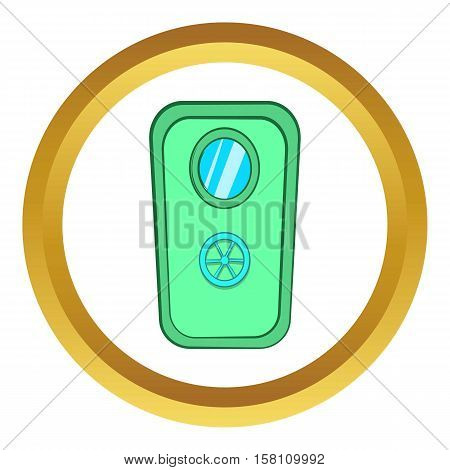 Door with window and lock wheel vector icon in golden circle, cartoon style isolated on white background