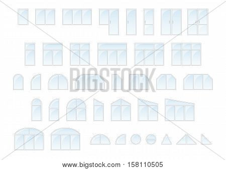 Big vector set of different types of light plastic windows and doors. Editable vector illustration with isolated elements in flat style. Outdoor objects collection