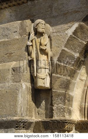 Santiago pilgrim sculpture Romanesque Church of Santa Marta de Tera XI century Via de la Plata Castilla y Leon Zamora Province Spain
