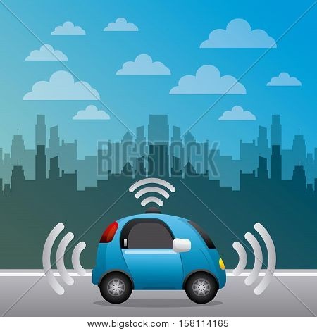 autonomous car vehicle with wireless waves over city background. ecology,  smart and techonology concept. vector illustration