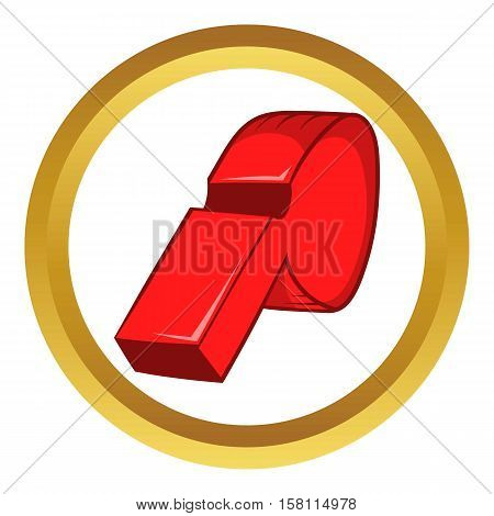 Red sport whistle vector icon in golden circle, cartoon style isolated on white background