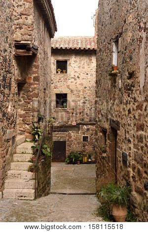 Streets in the medieval village of Santa Pau Garrotxa Girona province Catalonia Spain