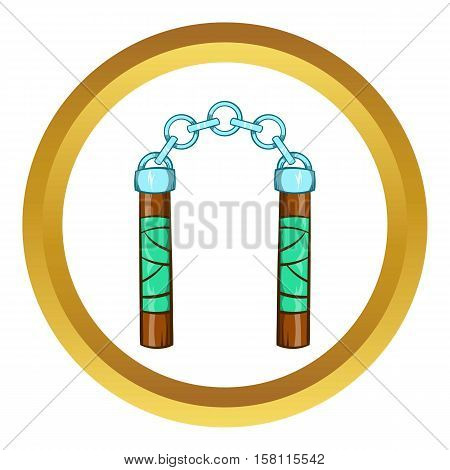 Ninja nunchaku weapon vector icon in golden circle, cartoon style isolated on white background