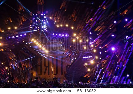 POLAND KRAKOW - JANUARY 01 2015: Celebrating the New Year 2015. People watch the festive show on the Main Market Square in historical center of Krakow.