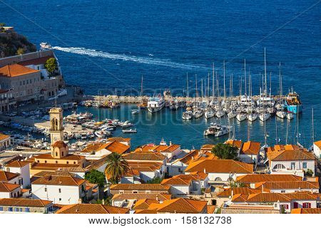 Top view of yacht marina at Hydra island, Aegean sea, Greece.