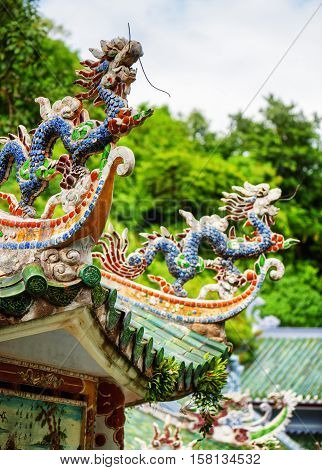 Traditional Mosaic Dragons On Roof Of The Linh Ung Pagoda