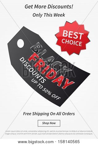 Black Friday Best Choice with black price tag vector illustration on light grey background. Creative banner Black Friday with label Best Choice layout with sample text