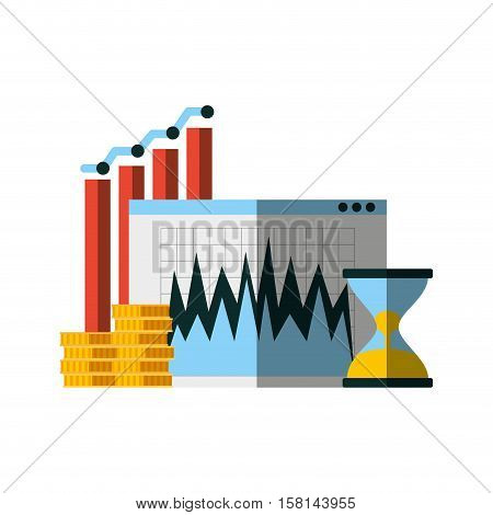 sandclock with gold coins and graphic chart icons over white background. invest money and business concept. colorful design. vector illustration