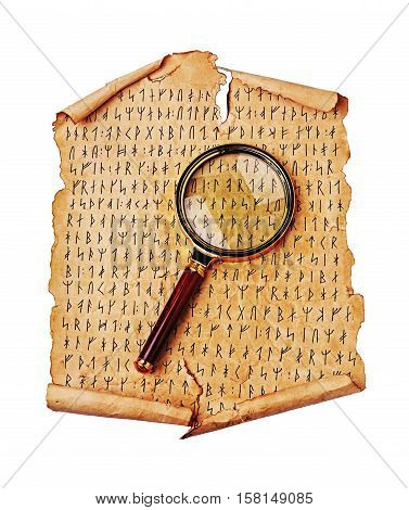 Ancient Scroll With The Scandinavian Runes And Magnifying Glass