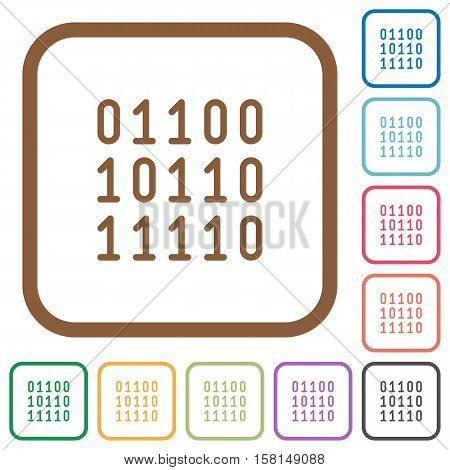 Binary code simple icons in color rounded square frames on white background