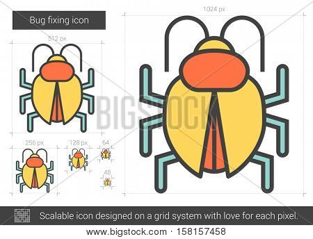Bug fixing vector line icon isolated on white background. Bug fixing line icon for infographic, website or app. Scalable icon designed on a grid system.