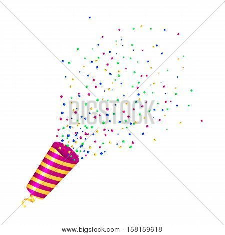 Exploding party popper with contetti on white background