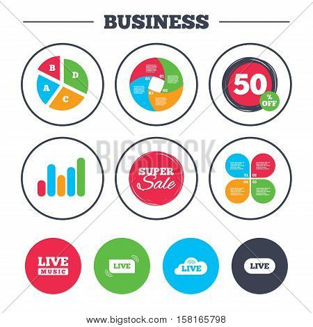 Business pie chart. Growth graph. Live music icons. Karaoke or On air stream symbols. Cloud sign. Super sale and discount buttons. Vector