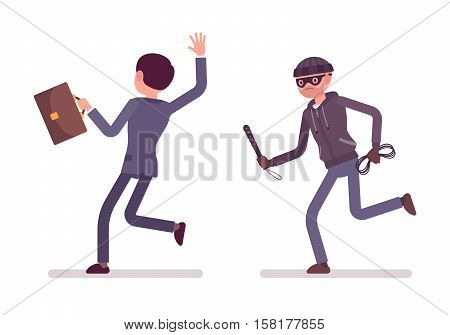 Masked and armed bandit pursuing a businessman, his victim. Cartoon vector flat-style concept illustration