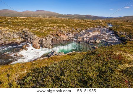 landscape Norway mountains Dovrefjell river