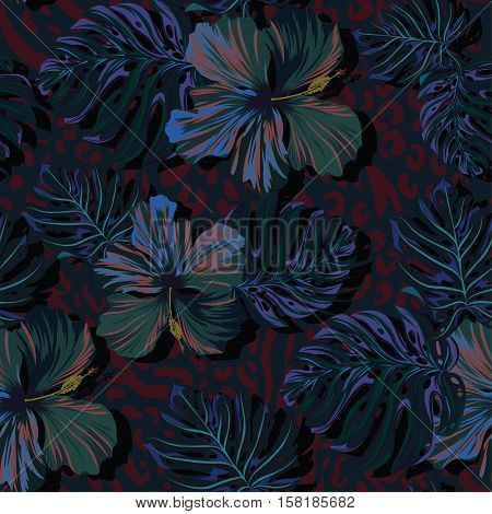 seamless vector dark leafy pattern. tropical leaves, and flowers very dark glowing pattern. serious colors for wallpaper, fashion, mens fashion, upholstery