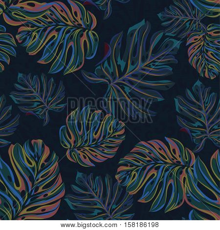 seamless vector dark leafy pattern. tropical leaves, very dark glowing pattern. serious colors for wallpaper, fashion, mens fashion, upholstery