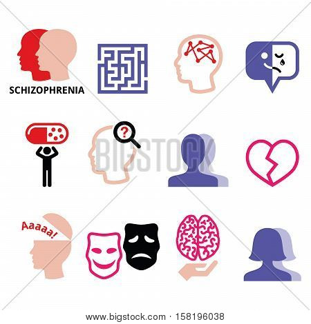 Schizophrenia, mental health, psychology vector icons set