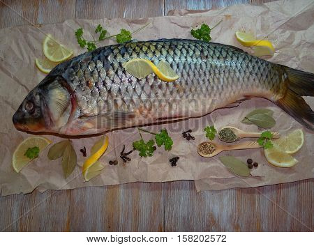 fish carp lies on paper with spices and lemon