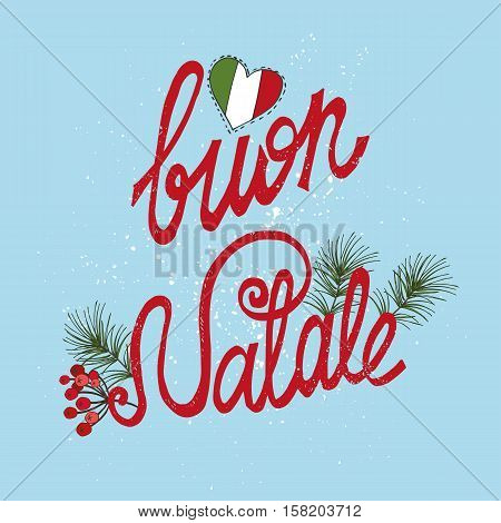 Christmas, Buon Natale greeting card.Handwriting red lettering in italian, Spruce tree branches, berries decor, snow, flag.Holiday background.New year template.Vintage vector, typography design
