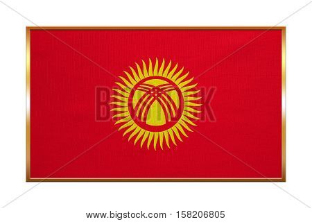 Kyrgyzstani national official flag. Patriotic symbol banner element background. Correct colors. Flag of Kyrgyzstan with golden frame fabric texture illustration. Accurate size color