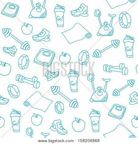 Hand drawn blue fitness equipment doodles. Gym seamless pattern. An apple, a sneaker, a sport watch, dumbbells, mats, scales, a barbell, a cycle and a shaker. Vector EPS10 illustration.