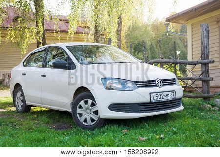 Smolensk, Russia - October 01, 2016: Volkswagen Polo parked near the country house. Supermini car produced by the German manufacturer Volkswagen since 1975.