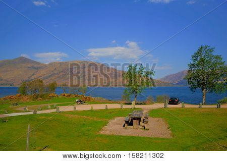 Picnic area Loch Eil Scotland uk in Scottish Highlands west of Kinlochleven and just off A82 south west of Fort William