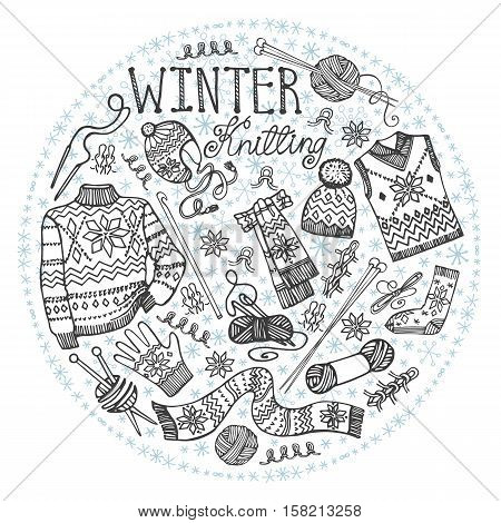 Doodles.Winter knitting  needlework circle composition with male knittwear, snowflakes.Black hand drawing Vintage bascground.Christmas, new year  Vector, hand made supplies.Design template.
