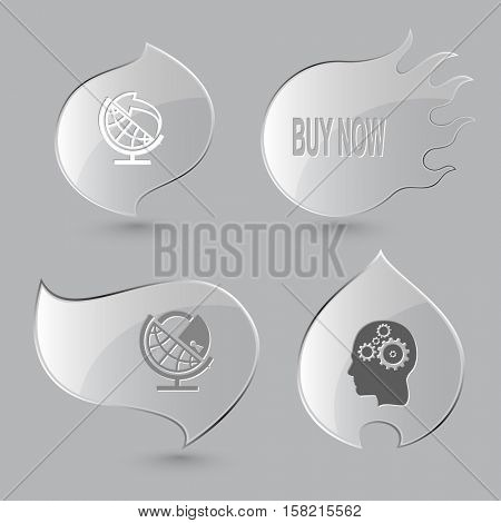 4 images: globe and arrow, buy now, globe and lock, human brain. Business set. Glass buttons on gray background. Fire theme. Vector icons.