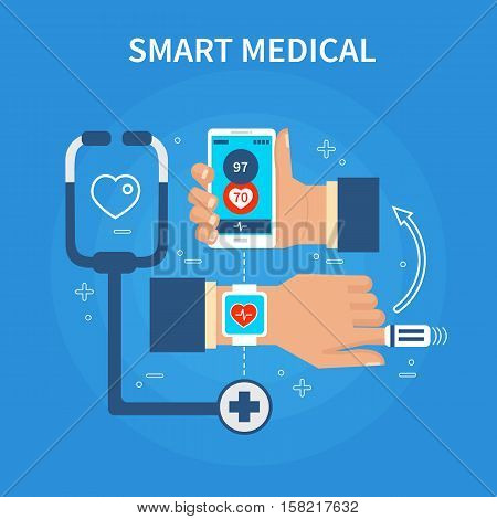 Smart medical concept. Hands holding phone smart watch and finger tonometer. Vector illustration.
