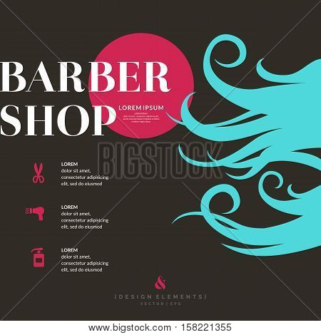 A bright poster for the Barber shop. Elements to cutting and styling hair. Vector illustration.