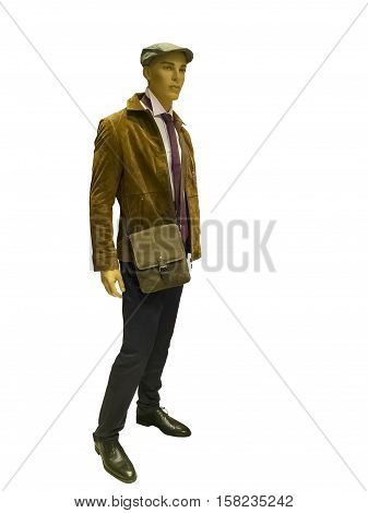 Full-length male mannequin wearing brown suede jacket isolated on white background. 
