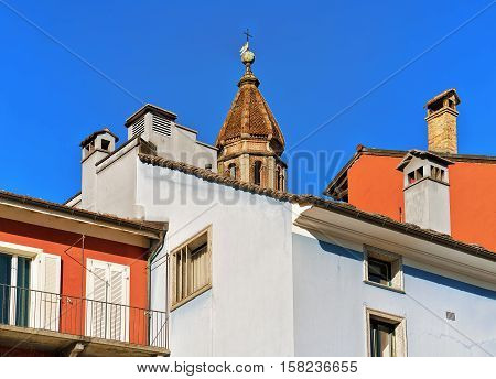 Church Tower And Colorful Architecture Of Ascona Ticino Switzerland
